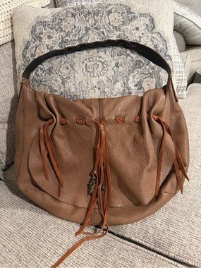 Lucky Brand Large Brown Leather Boho Fringe Tassel Hobo Bag GUC